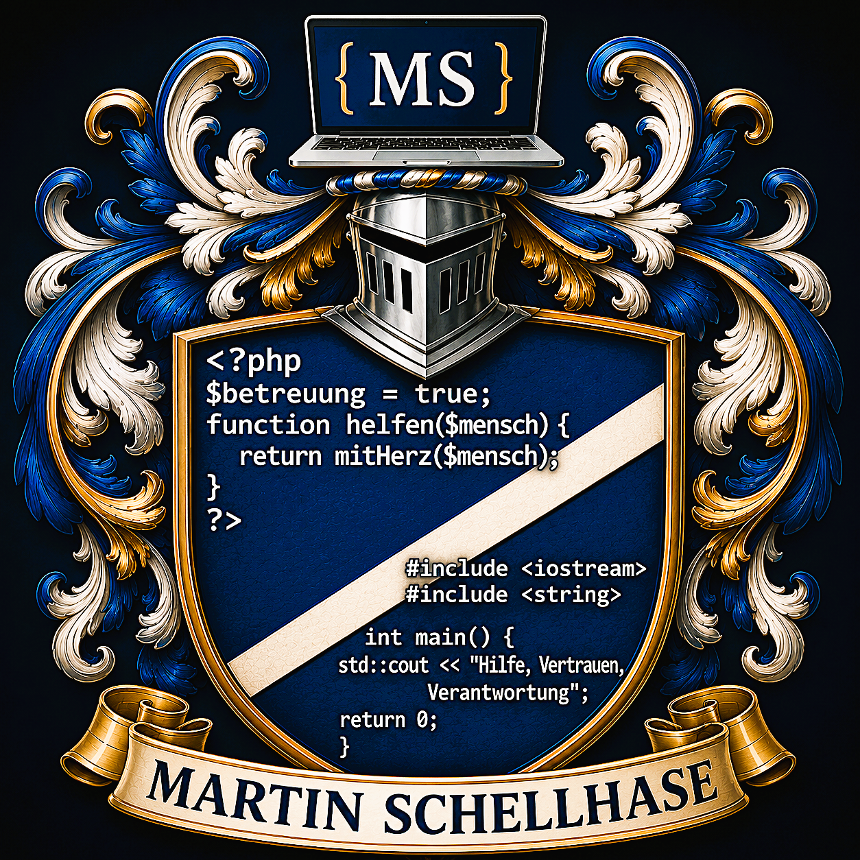 Wappen von Martin Schellhase mit Laptop und Quellcode